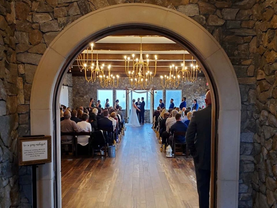 big creek lodge wedding venue with bride and groom